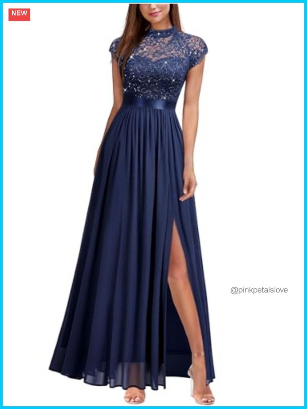 Elegant Sequin Lace Contrast Chiffon Split Style Evening Party Maxi Dress
